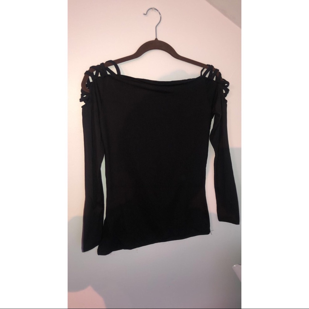 long sleeve black shirt cut out shoulders